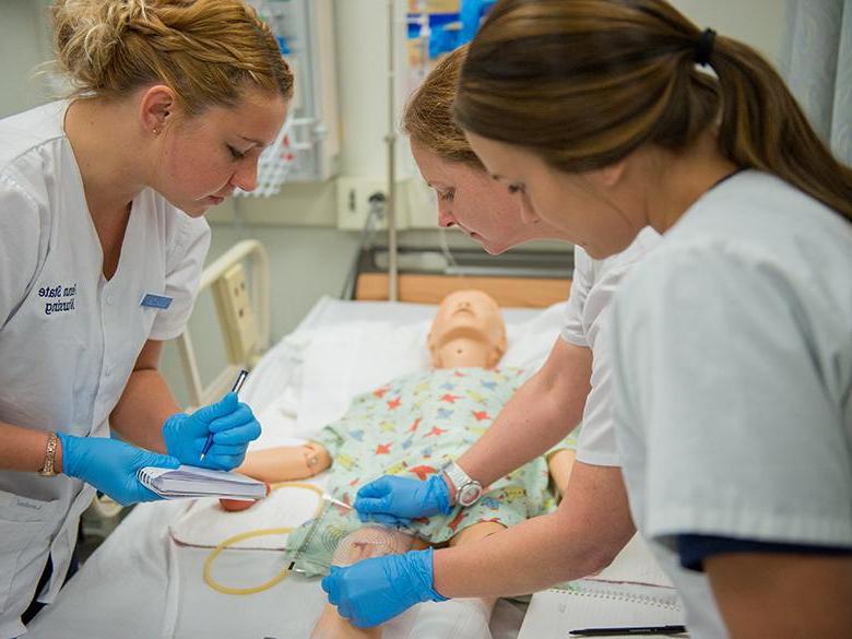 Penn State Mont Alto nursing students work on a dummy patient